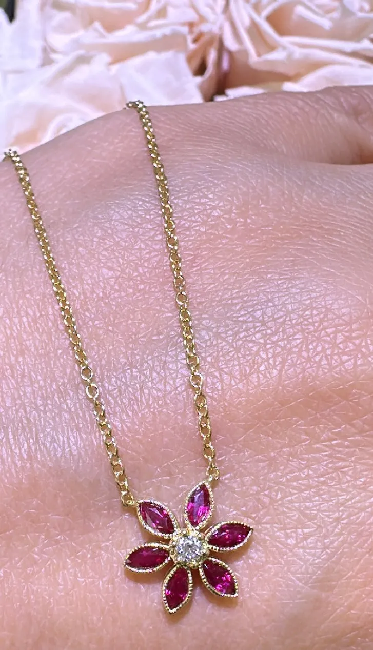 0.72ct tw Ruby and Diamond Flower Shape Pendant Necklace