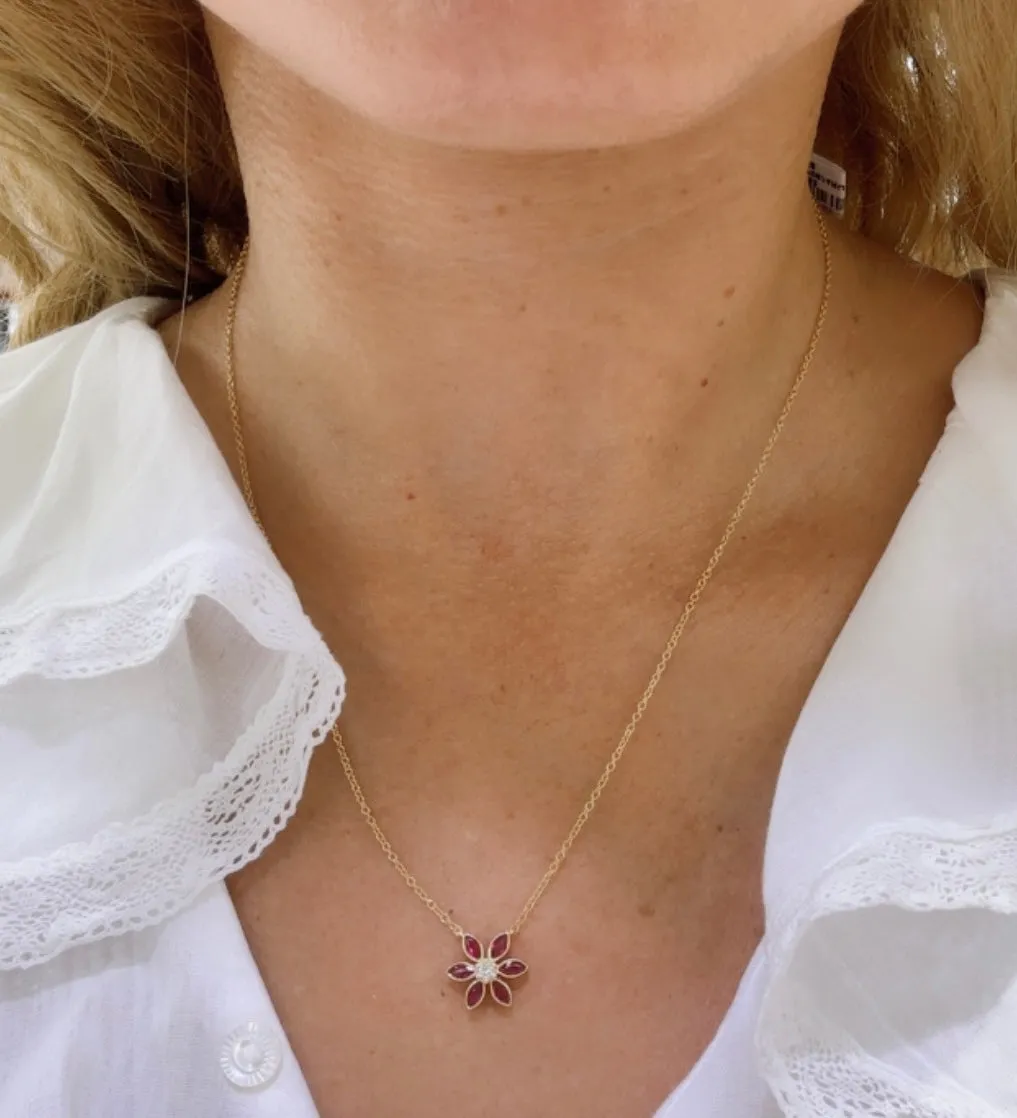 0.72ct tw Ruby and Diamond Flower Shape Pendant Necklace