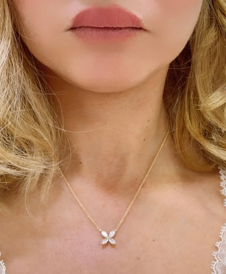 0.78ct tw Diamond Flower Shape Marquise Pendant Necklace
