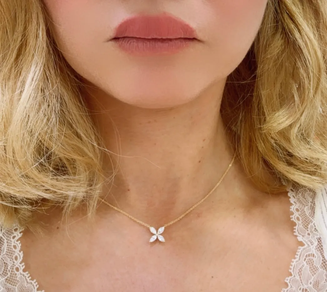 0.78ct tw Diamond Flower Shape Marquise Pendant Necklace