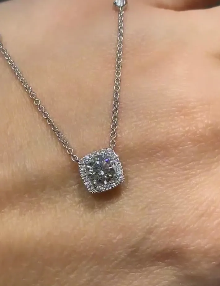 0.81CT T.W. Diamond Round Brilliant Cut Halo Solitaire Necklace