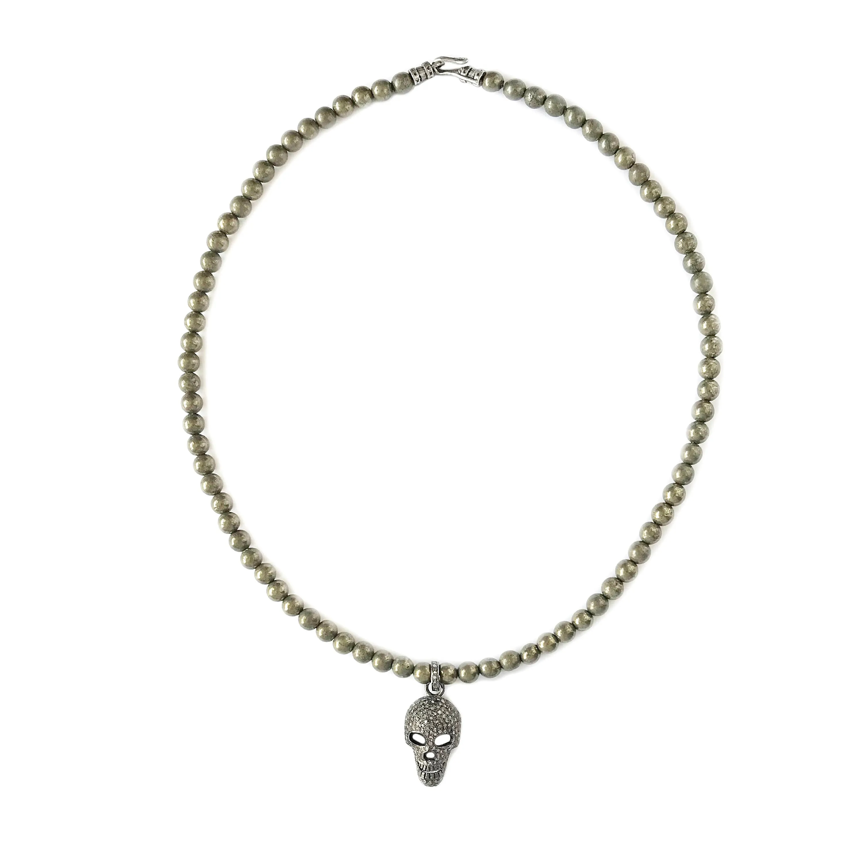 1.00ct Pavé Diamonds Skull Charm Pendant in Pryrite Beads Necklace 20"