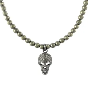 1.00ct Pavé Diamonds Skull Charm Pendant in Pryrite Beads Necklace 20"