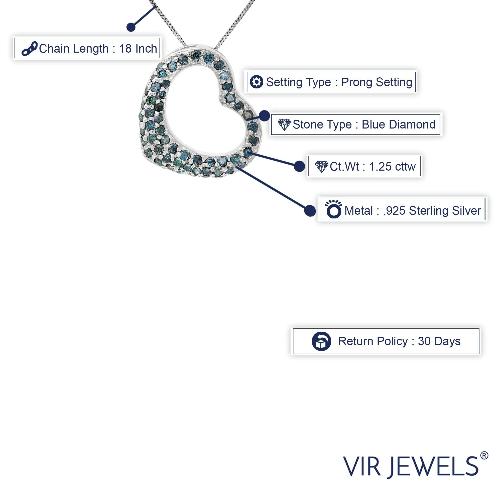 1.25 cttw Blue Diamond Heart Pendant Necklace in Sterling Silver