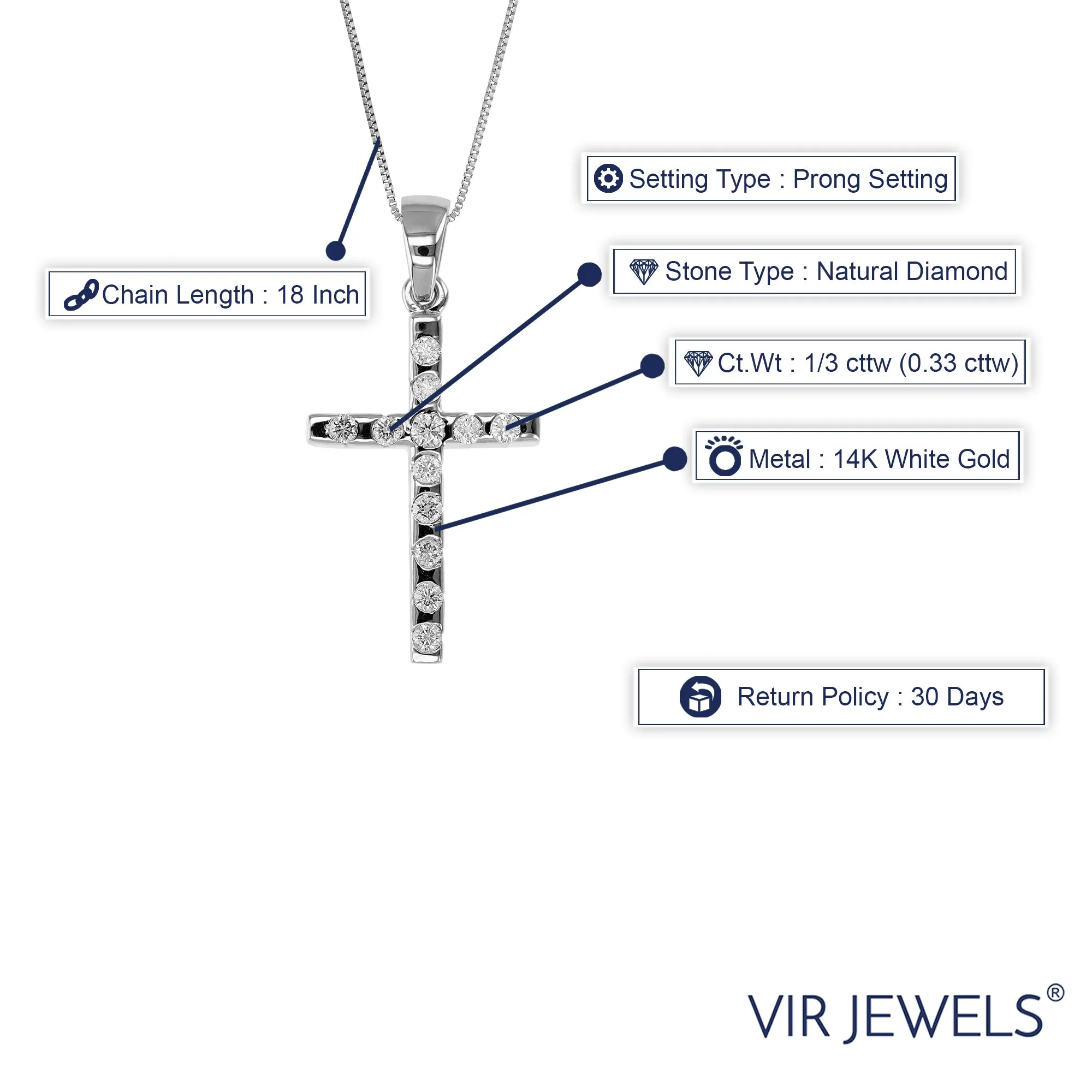 1/3 cttw Cross Diamond Pendant Necklace in 14K White Gold