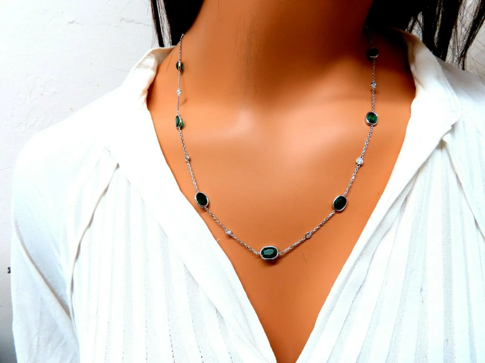 14.23ct. Natural Emeralds Diamonds Yard Necklace 14kt