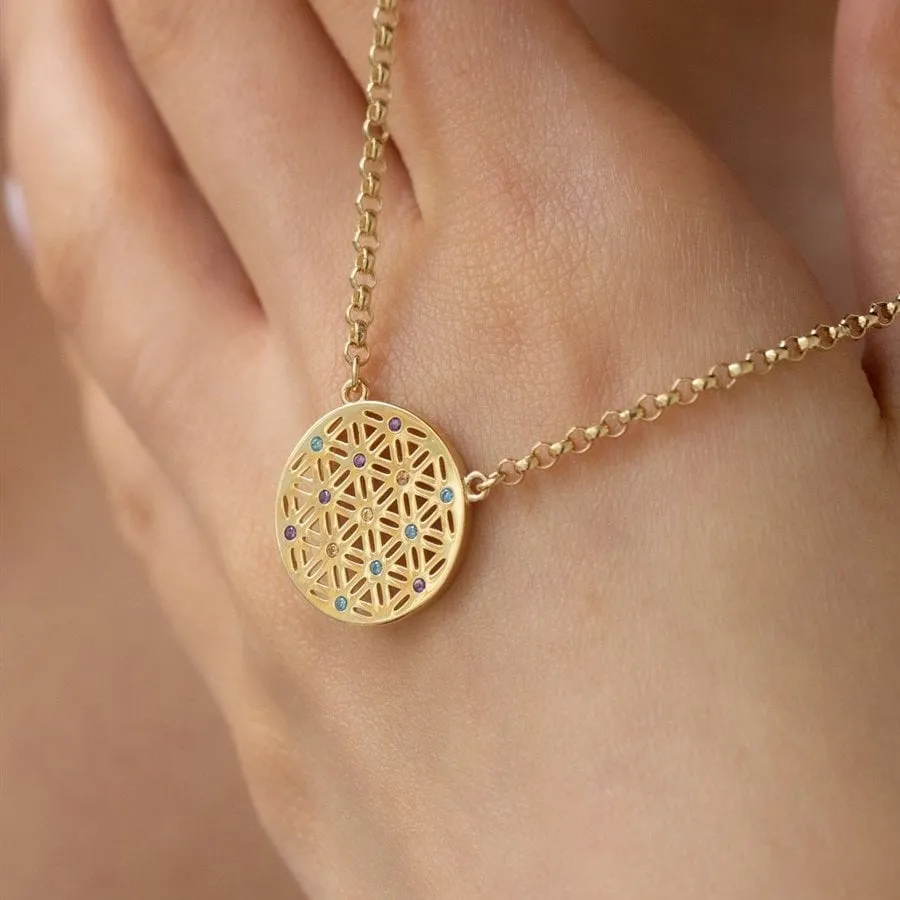 14k Gold Colorful Flower of Life Necklace