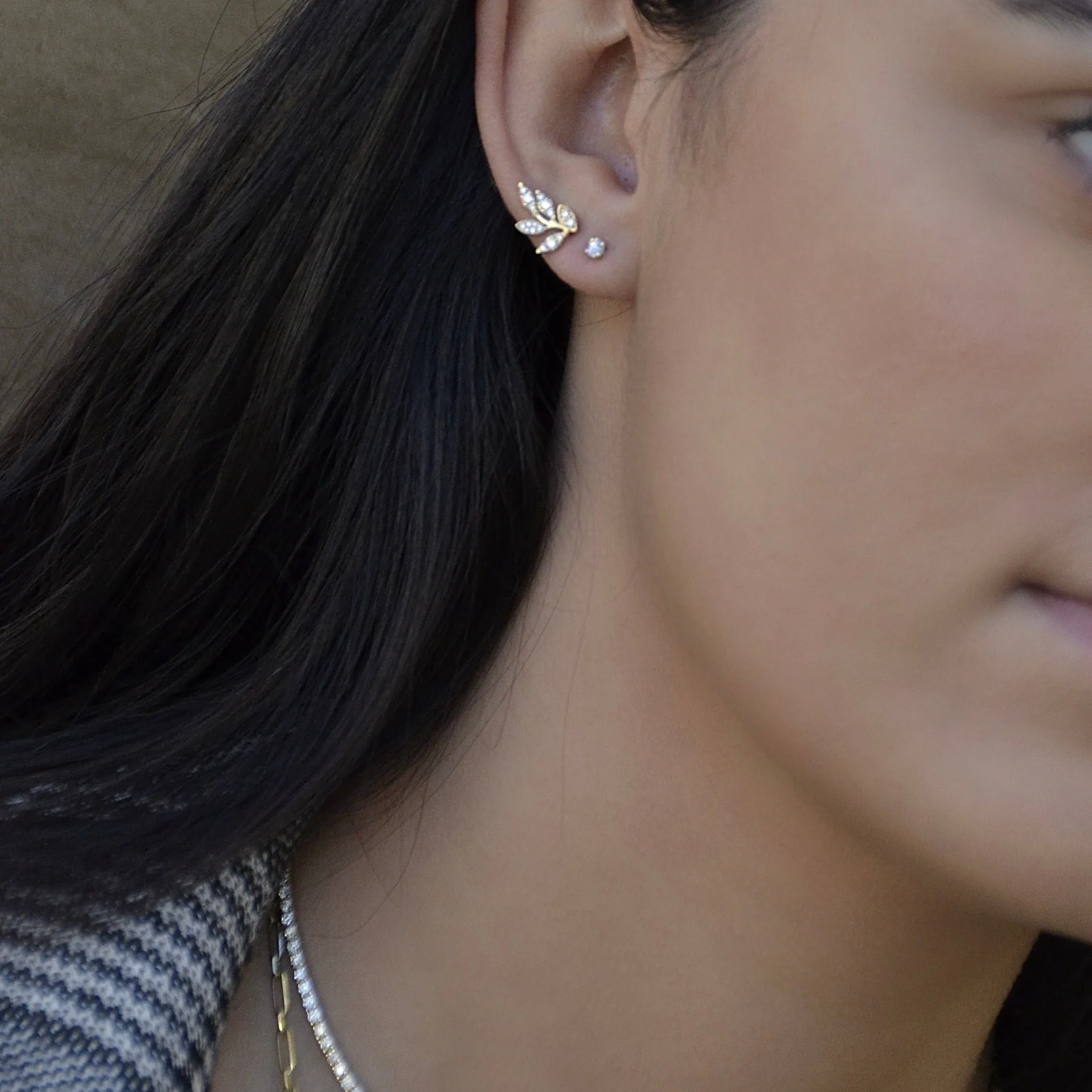 14k Gold Diamond Leaf Stud Earring
