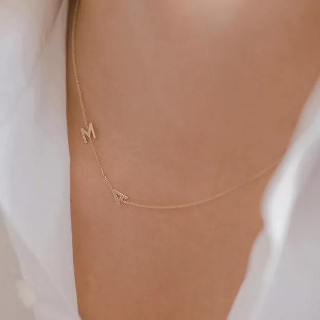 14K Gold Fashion Custom Asymmetrical Multiple Initials personalized Letter Necklace