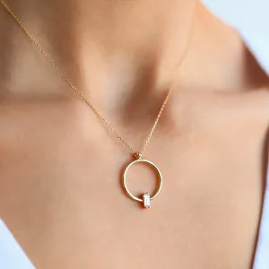 14k Gold Mini Baguette Round Necklace