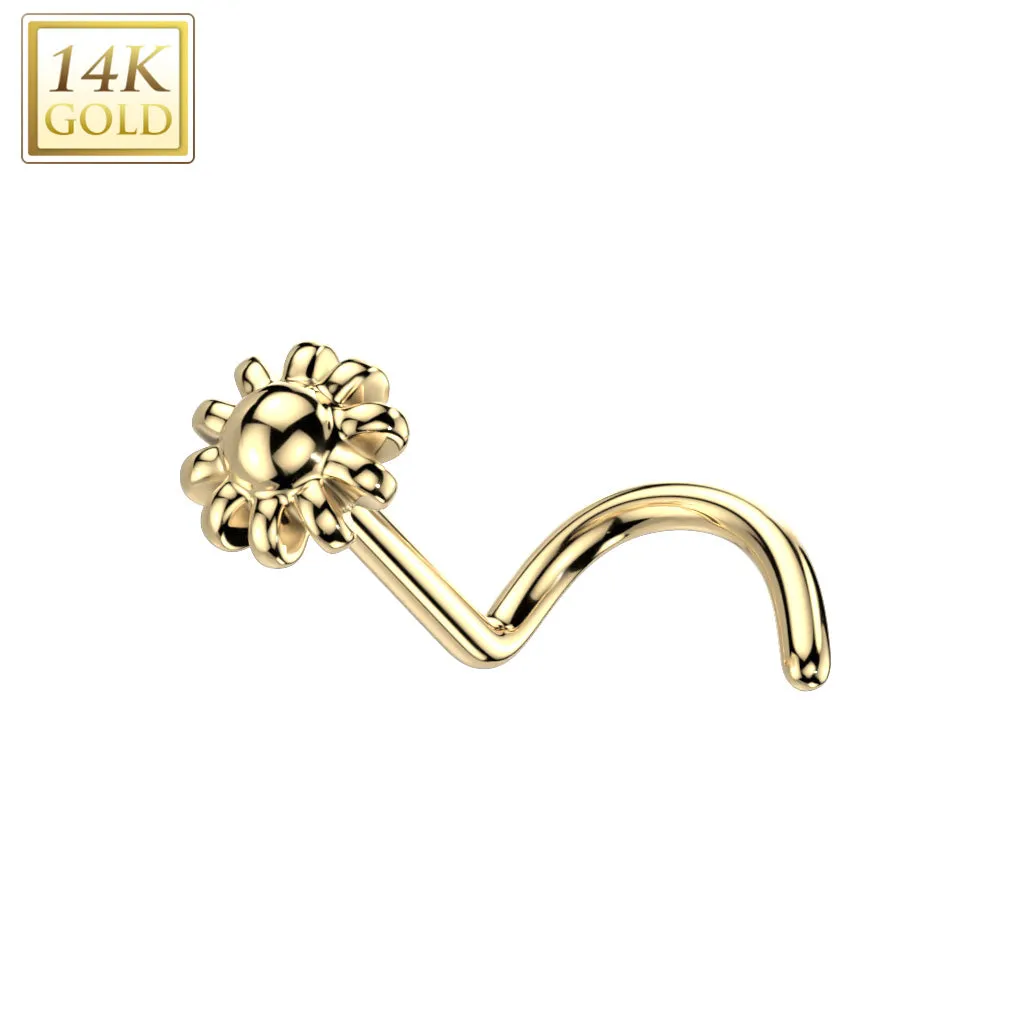 14K Solid Gold Bead Flower Top Nose Screw Ring