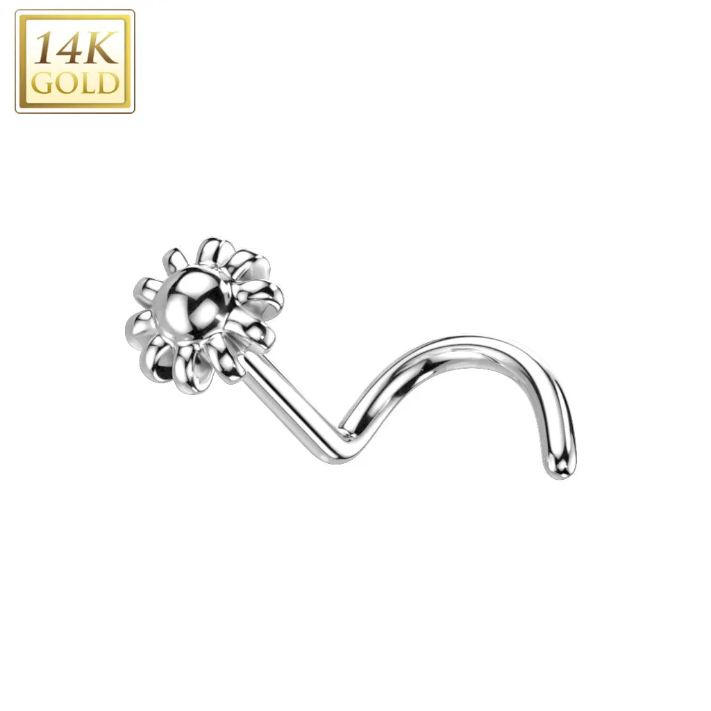 14K Solid Gold Bead Flower Top Nose Screw Ring