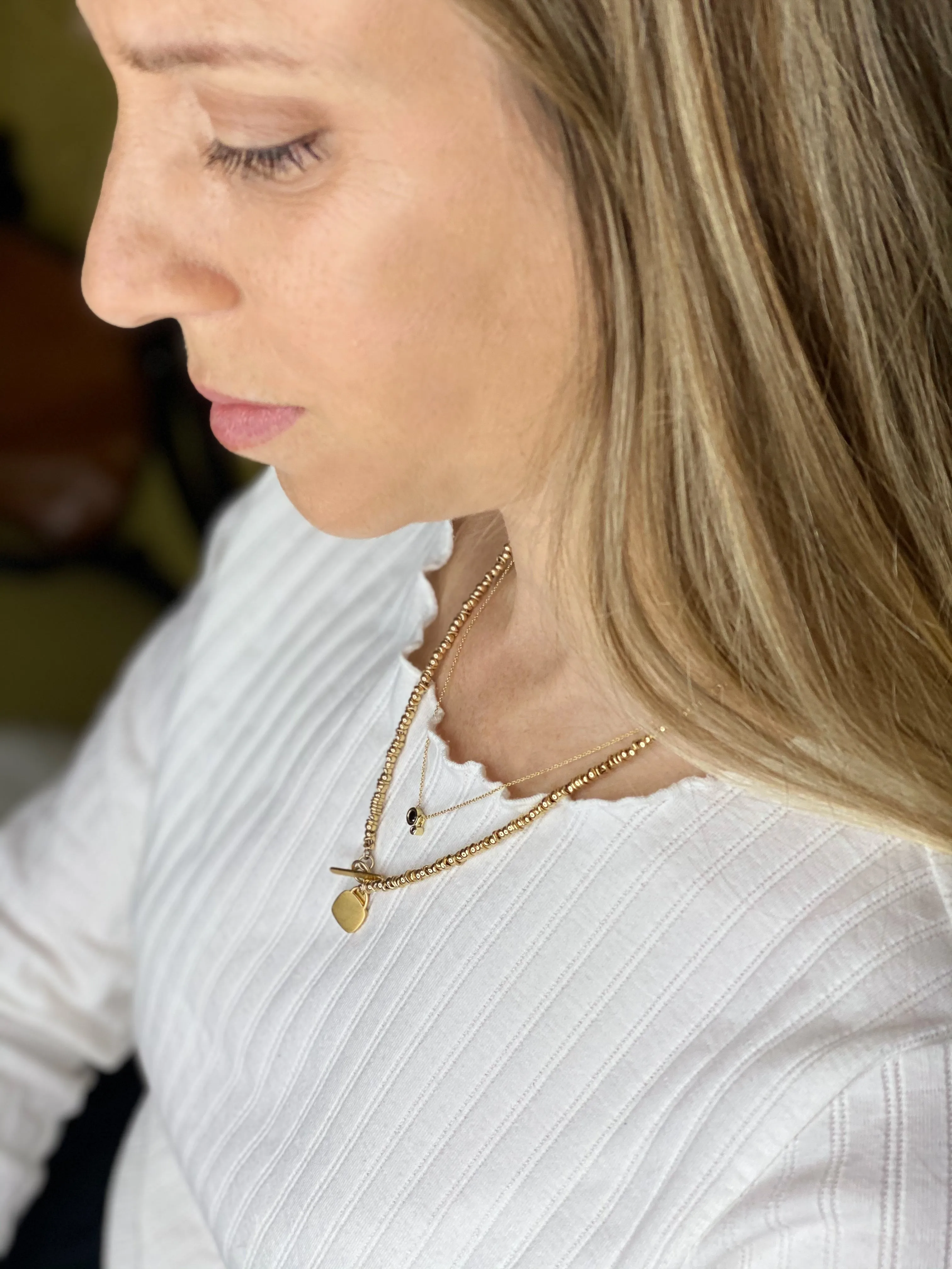 14K Solid Gold beads necklace with a gold & concrete charm