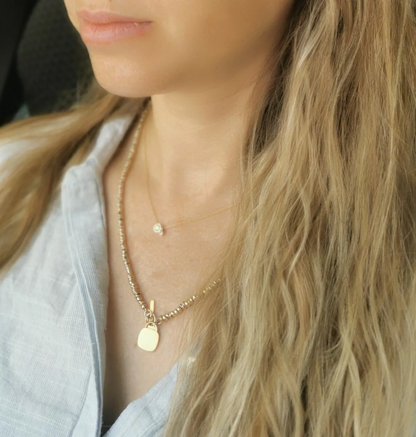 14K Solid Gold beads necklace with a gold & concrete charm