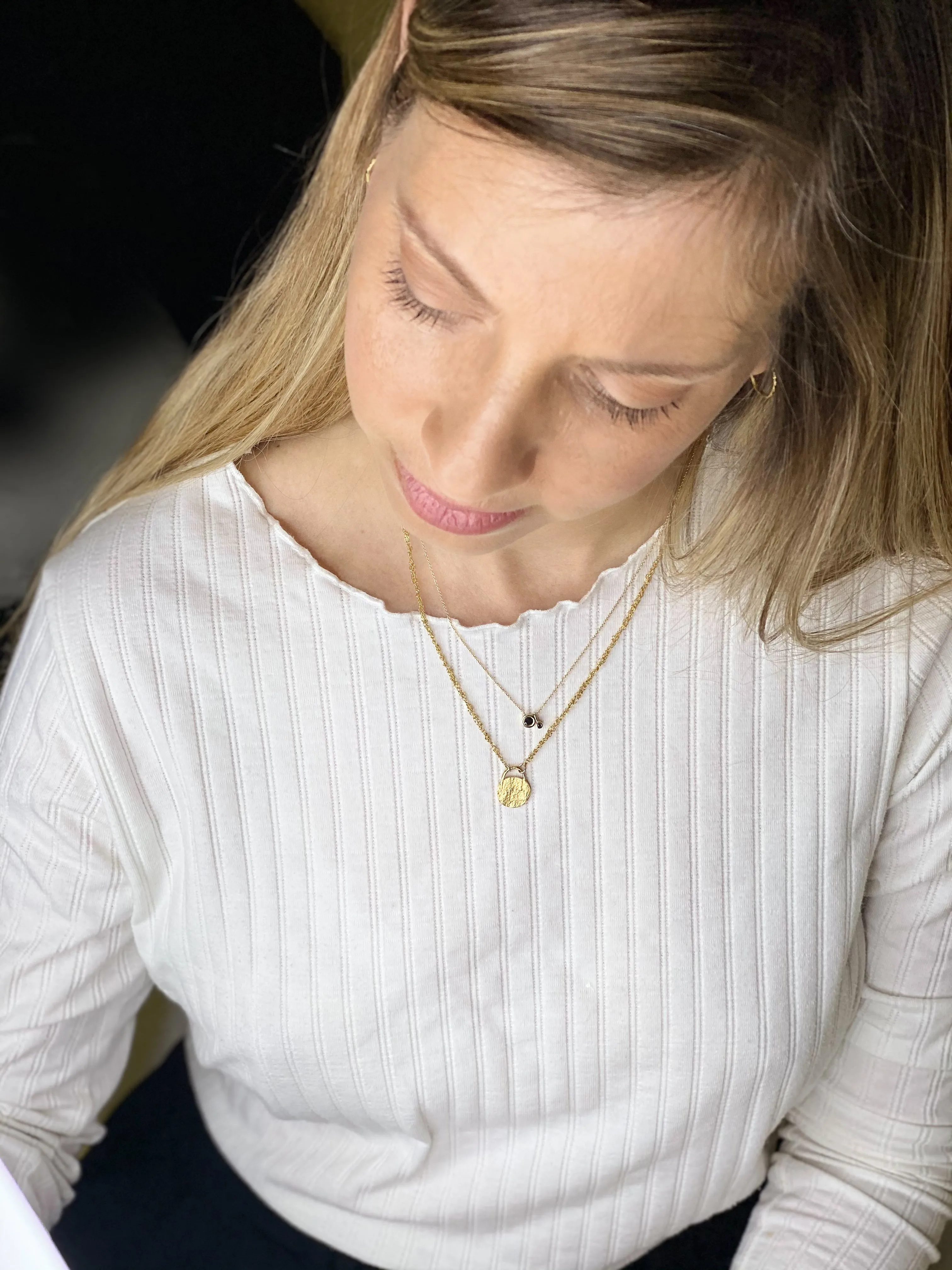 14K Solid Gold beads necklace with a gold & concrete charm