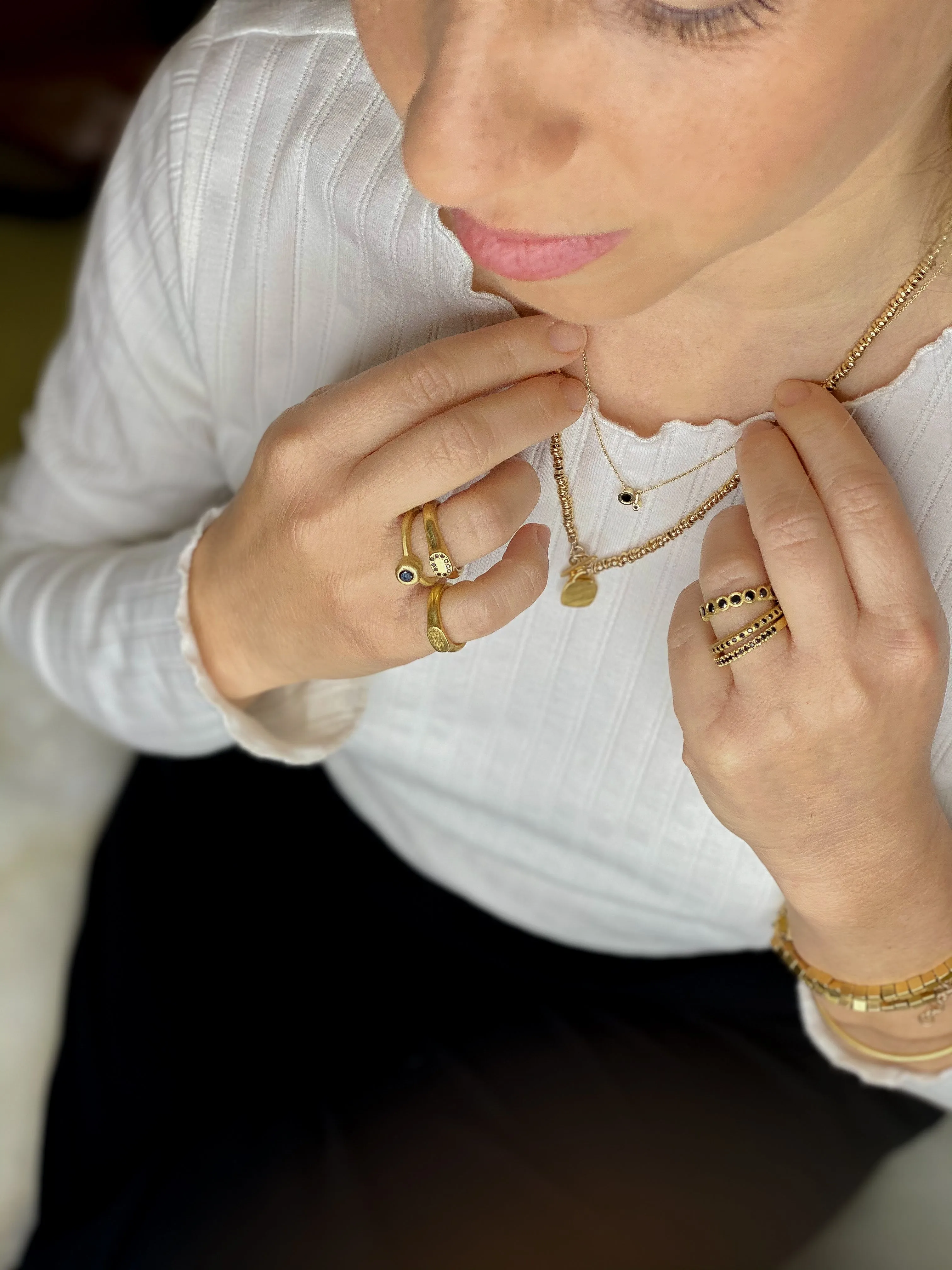 14K Solid Gold beads necklace with a gold & concrete charm
