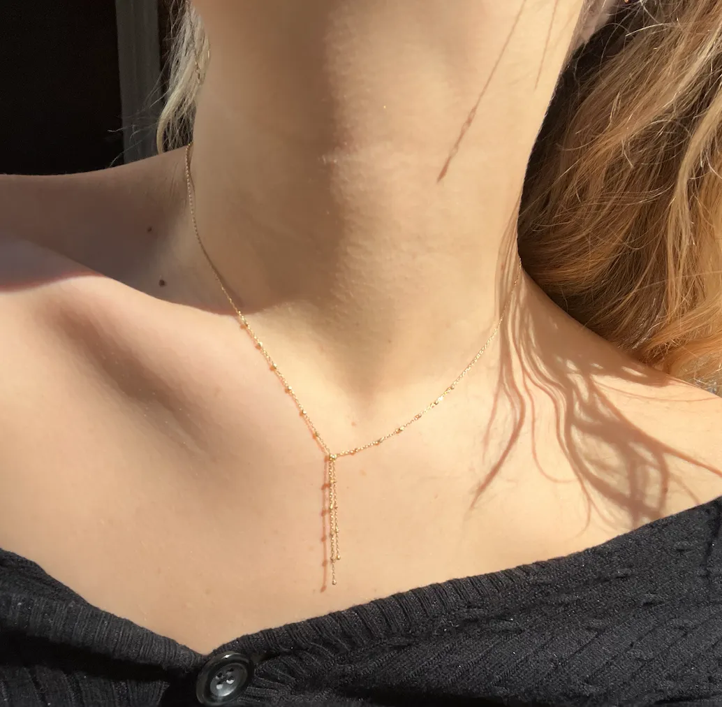 14K solid gold diamond cut beaded bolo lariat necklace