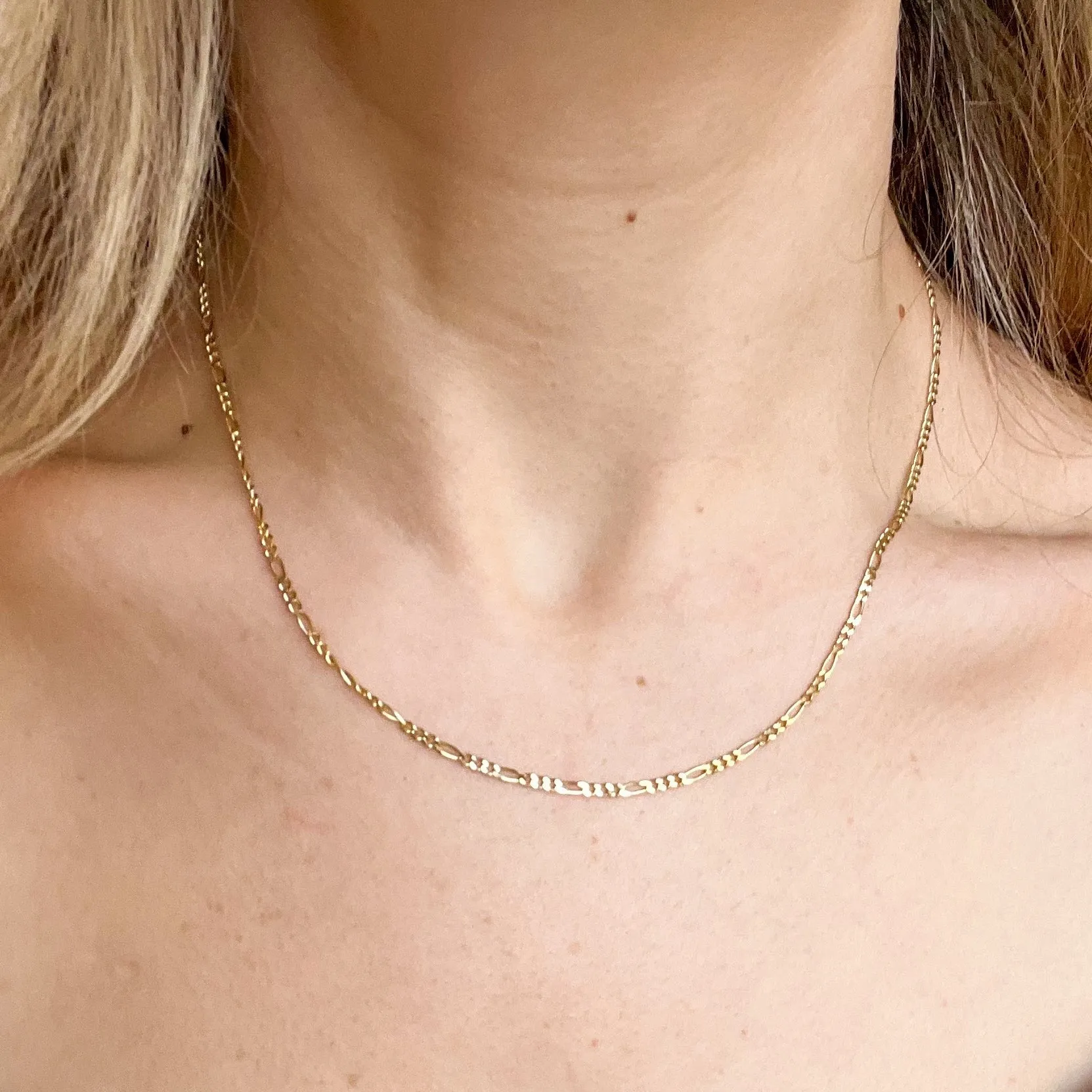 14K solid gold diamond-cut figaro chain necklace