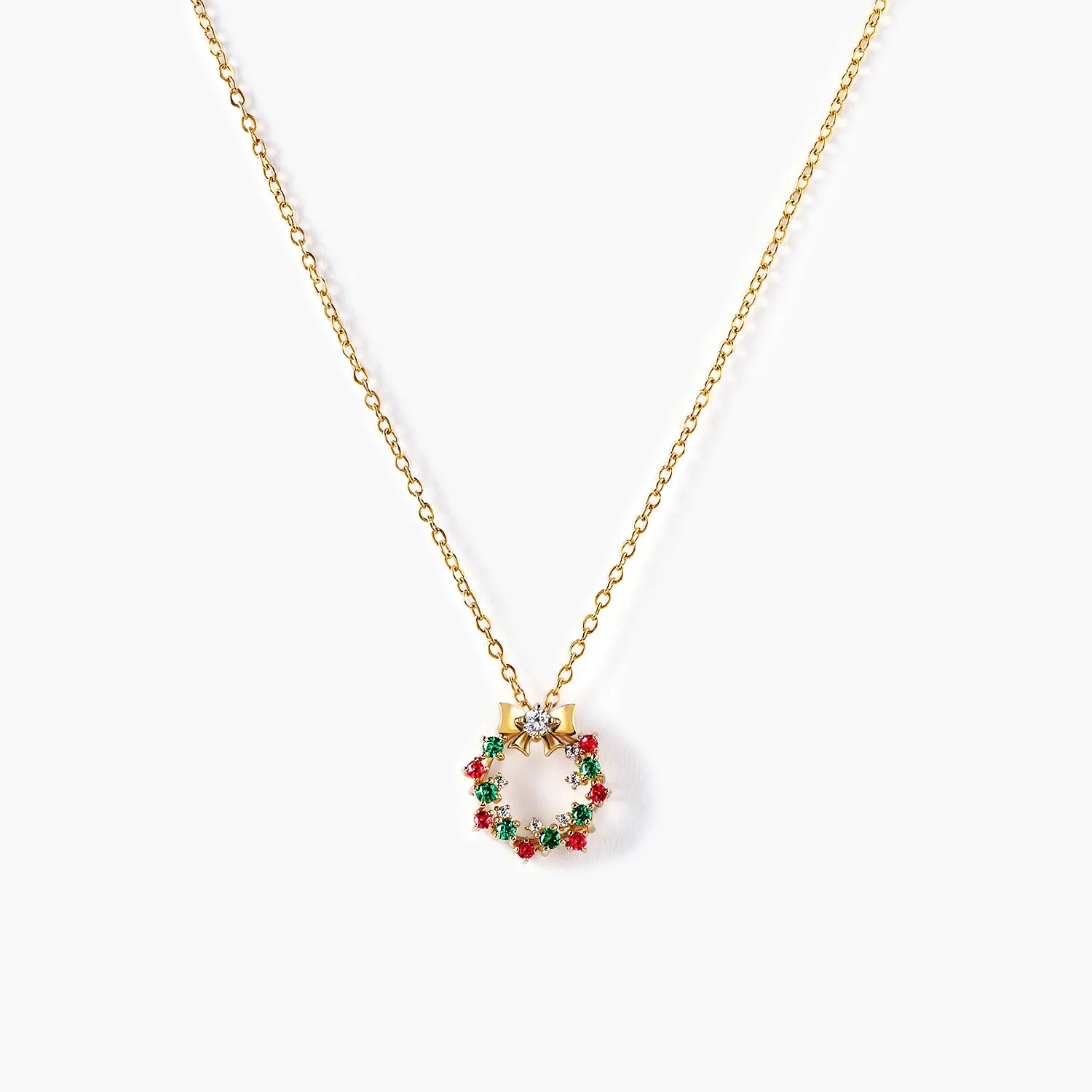 14K Solid Gold Holiday Wreath Pendant Chain Necklace