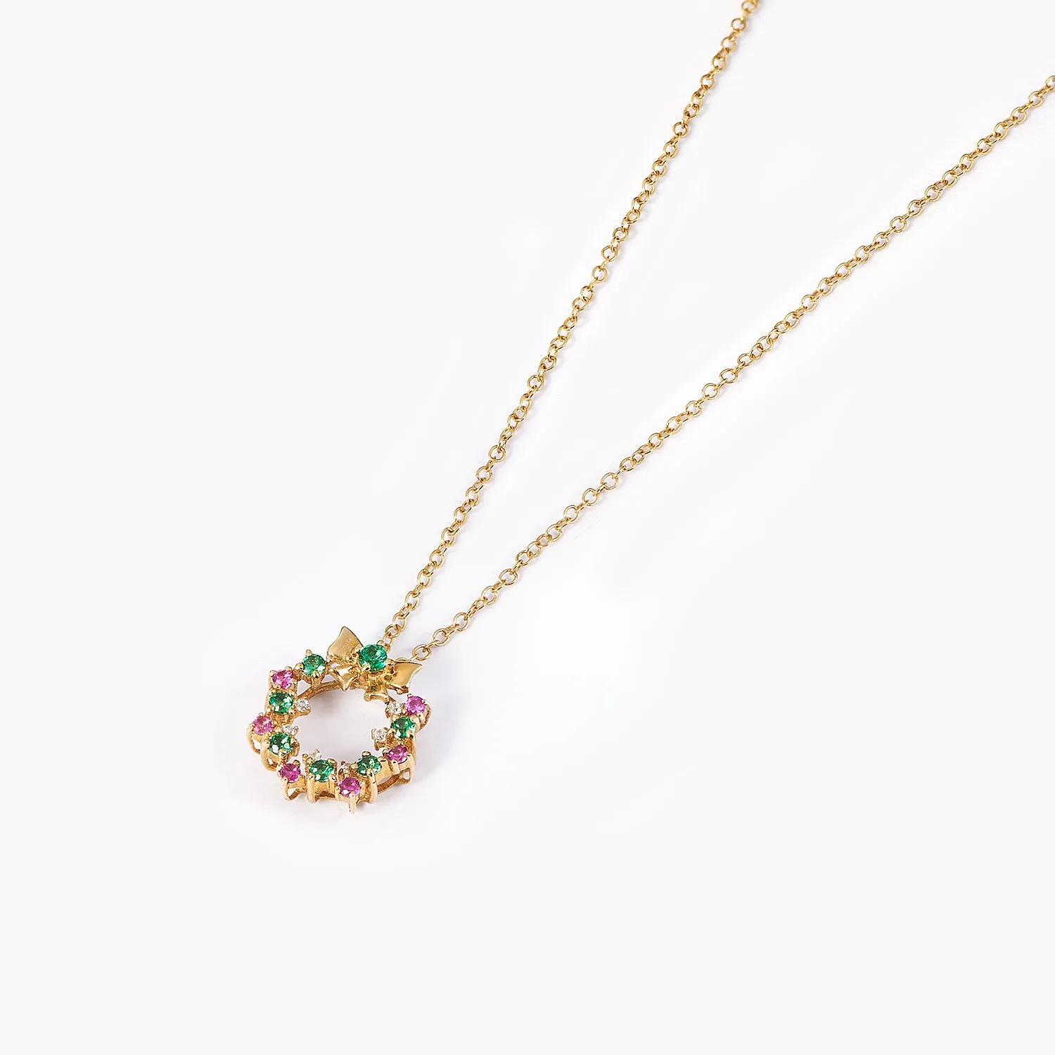14K Solid Gold Holiday Wreath Pendant Chain Necklace