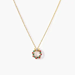 14K Solid Gold Holiday Wreath Pendant Chain Necklace