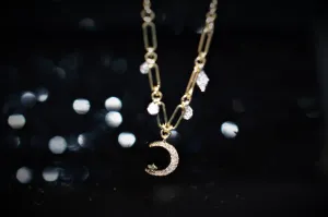 14K Two Tone Adjustable Diamond Moon and Star Charm Necklace