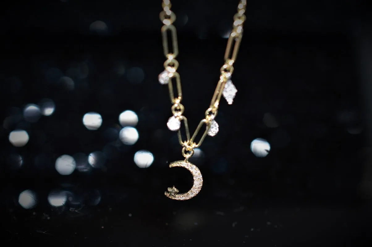 14K Two Tone Adjustable Diamond Moon and Star Charm Necklace