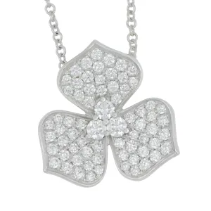 14k White Gold Pave Diamond 3-Petal Flower Necklace 16-18" Adjustable, D=0.74tw GH/SI