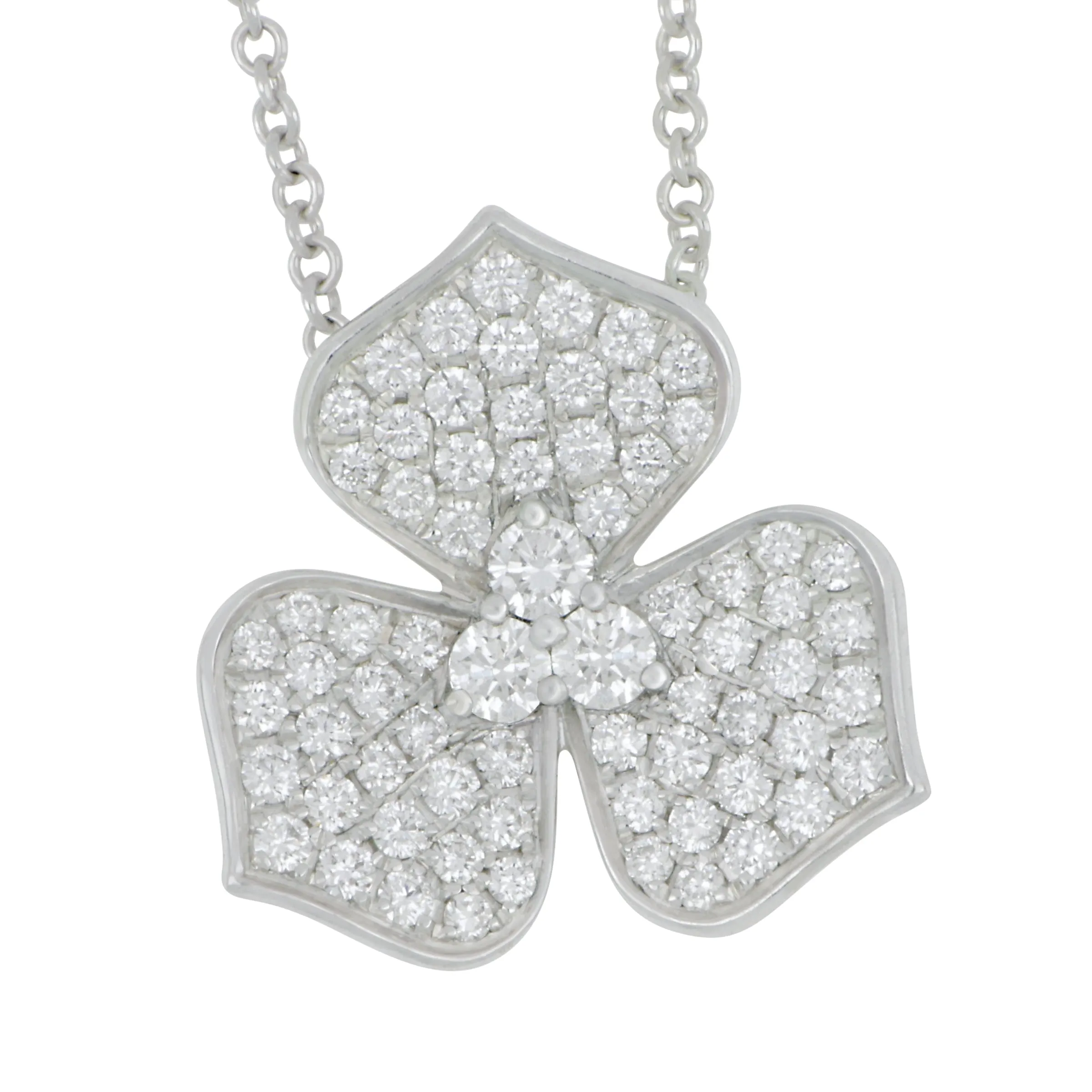 14k White Gold Pave Diamond 3-Petal Flower Necklace 16-18" Adjustable, D=0.74tw GH/SI