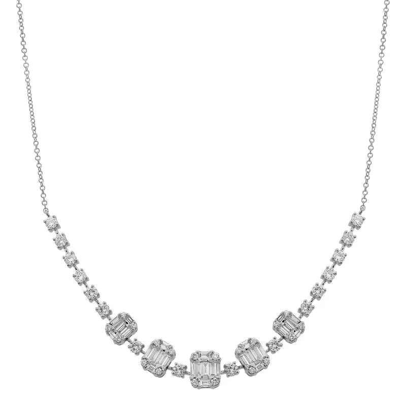 14k White Gold Round Diamond and Baguette Necklace