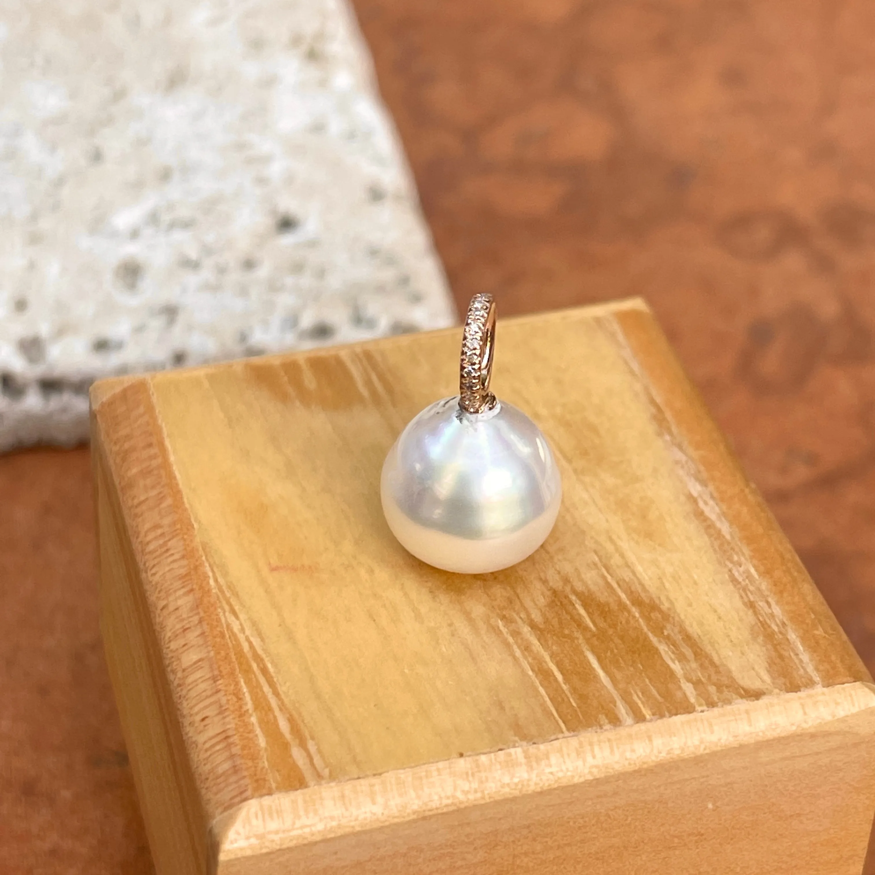 14KT Rose Gold Paspaley South Sea Pearl   Pave Diamonds Pendant 12mm