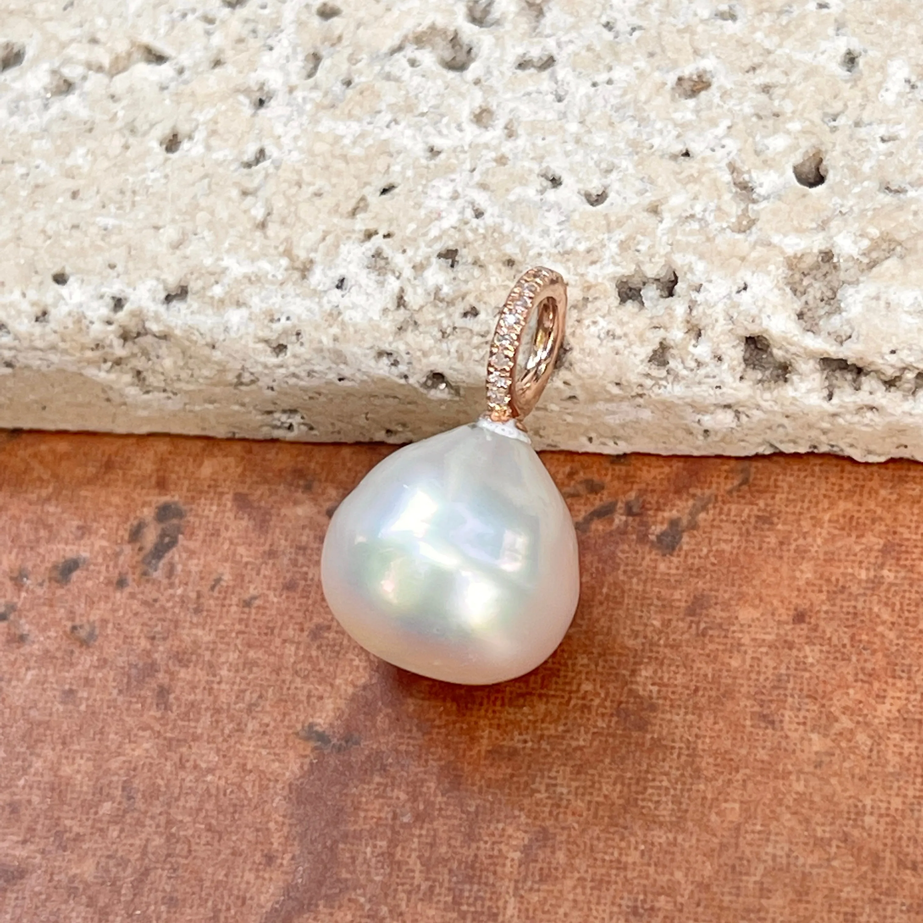 14KT Rose Gold Paspaley South Sea Pearl   Pave Diamonds Pendant 12mm