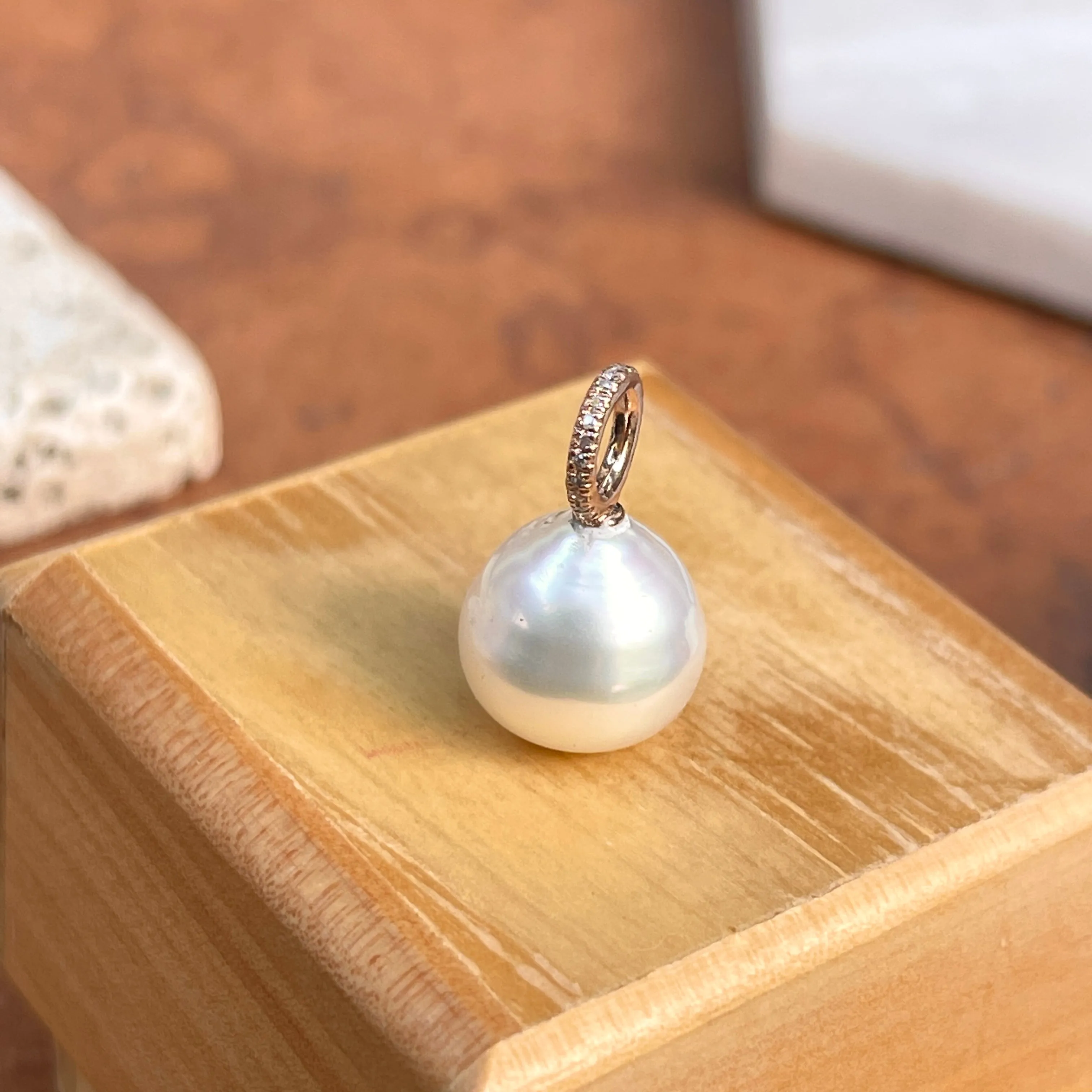 14KT Rose Gold Paspaley South Sea Pearl   Pave Diamonds Pendant 12mm