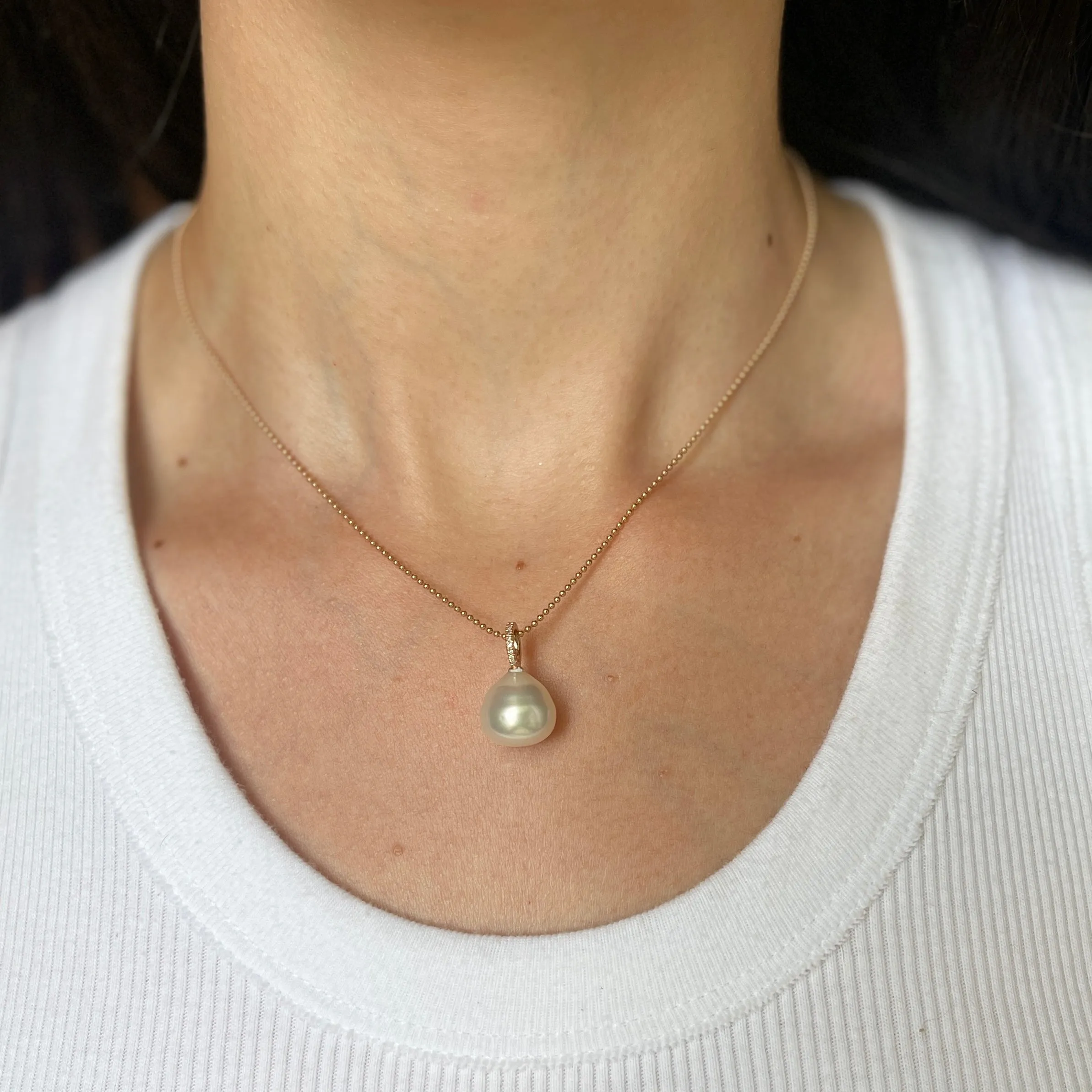 14KT Rose Gold Paspaley South Sea Pearl   Pave Diamonds Pendant 12mm
