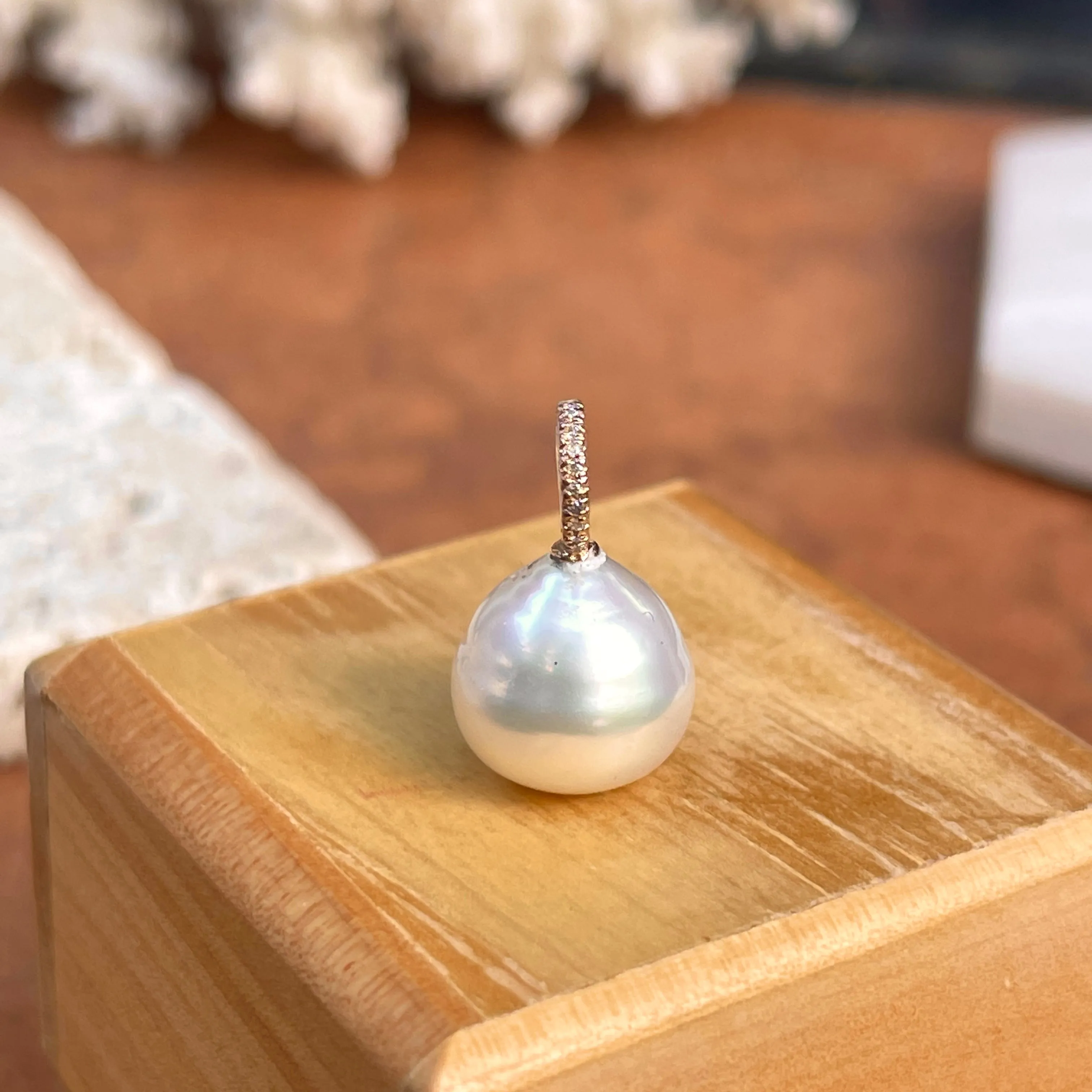 14KT Rose Gold Paspaley South Sea Pearl   Pave Diamonds Pendant 12mm