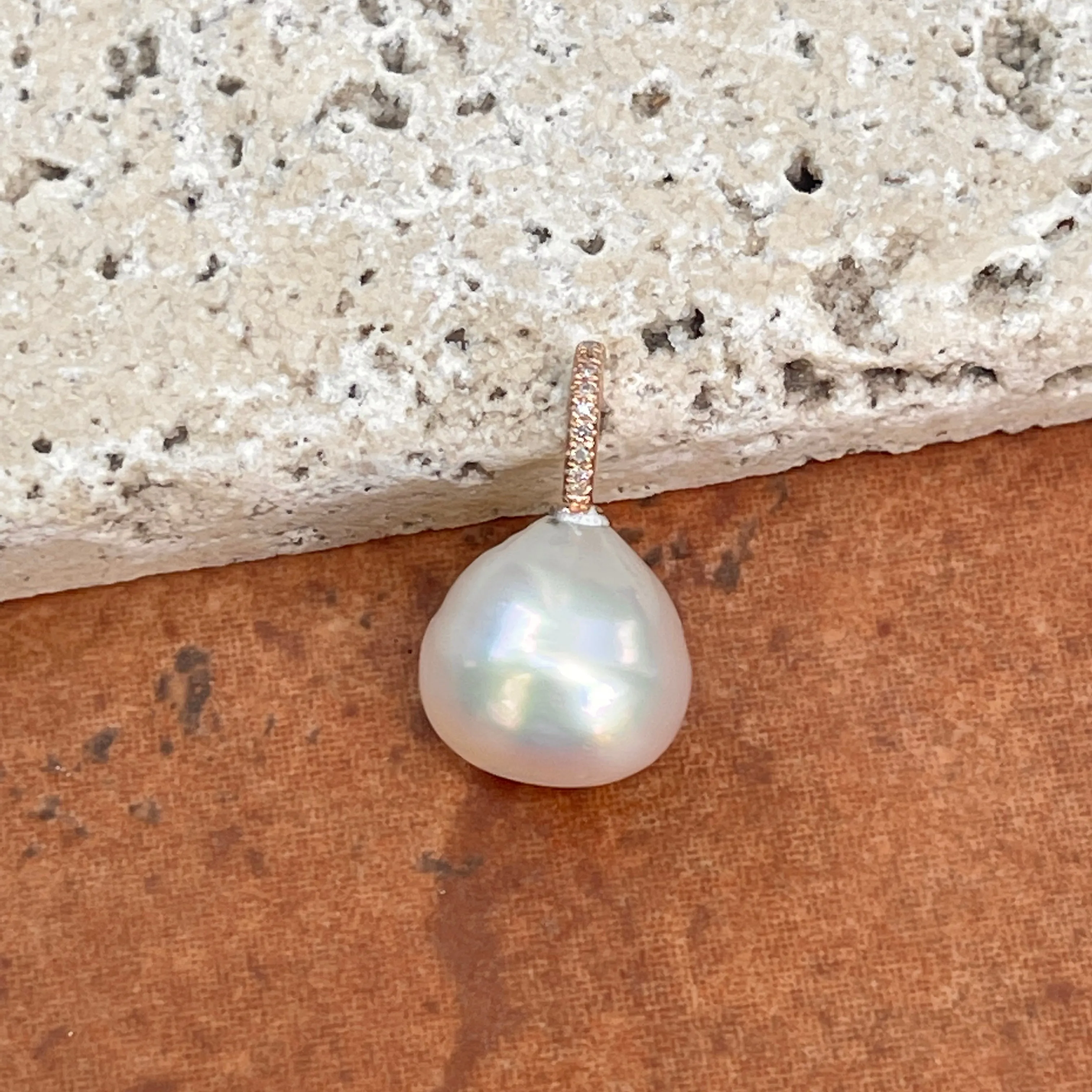 14KT Rose Gold Paspaley South Sea Pearl   Pave Diamonds Pendant 12mm