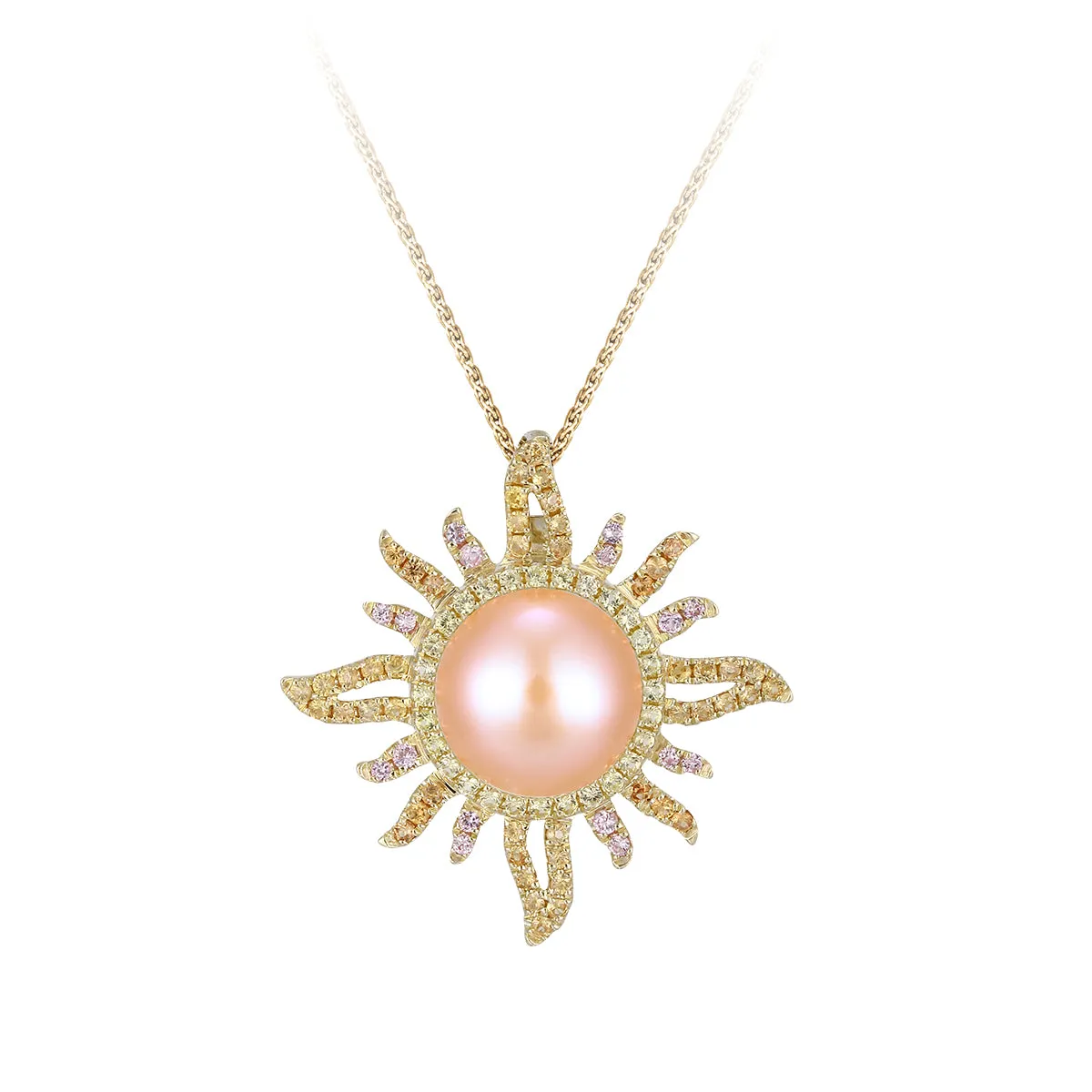 14ky "Sunburst" Pendant with Colored Sapphires and Fresh Water Pearl