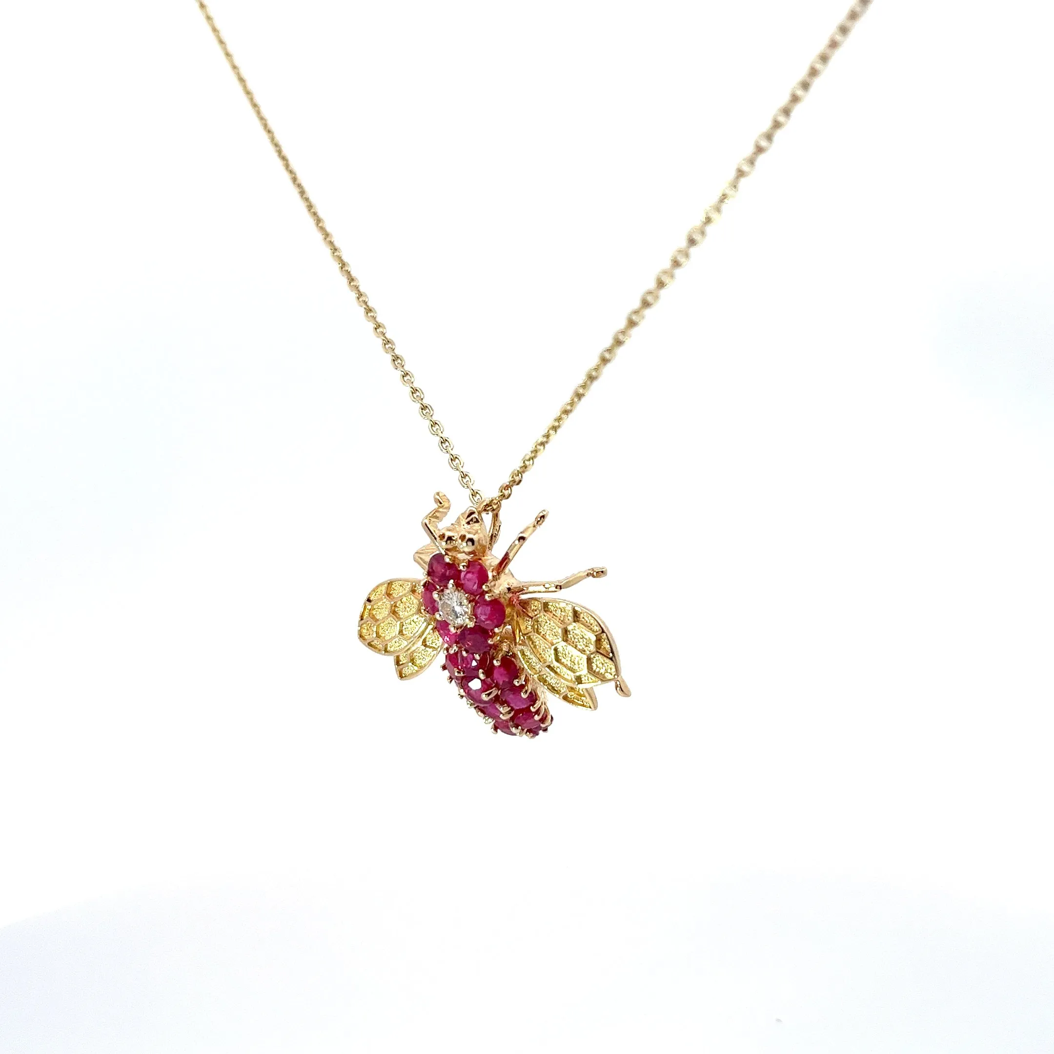 14KY VINTAGE 2CT BURMA RUBY AND .15CT FVS2 DIAMOND BEE PENDANT