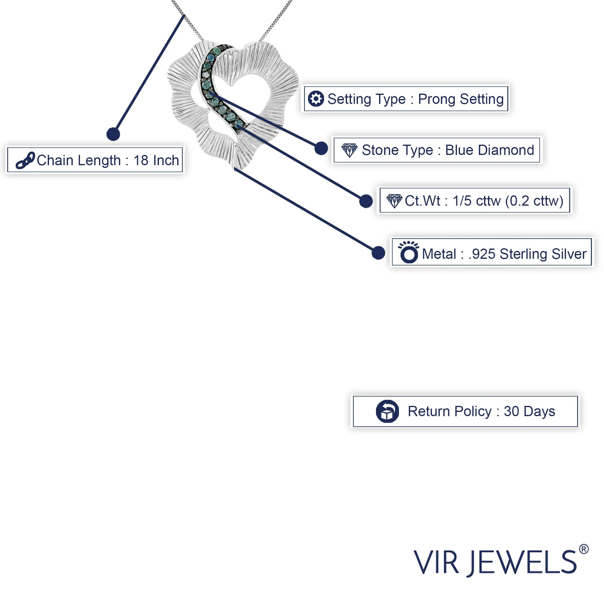 1/5 cttw Heart Blue Diamond Pendant Necklace in Sterling Silver
