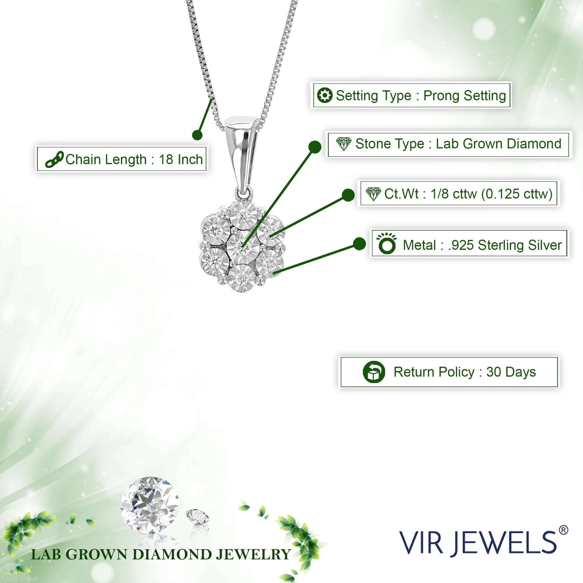 1/8 cttw Lab Grown Diamond Flower Drop Pendant in Sterling Silver
