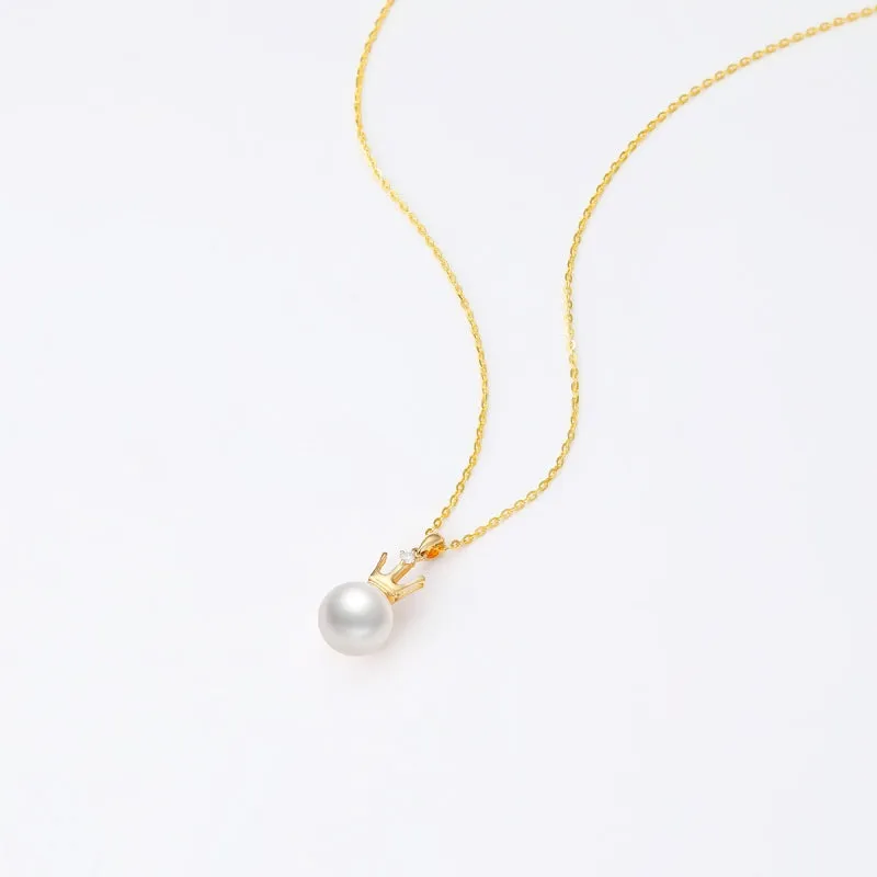 18k Natural Freshwater 8mm White Pearl Necklace Crown Pendant with Diamond