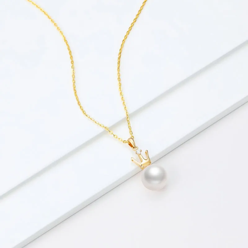 18k Natural Freshwater 8mm White Pearl Necklace Crown Pendant with Diamond