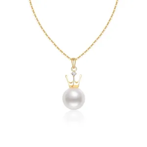 18k Natural Freshwater 8mm White Pearl Necklace Crown Pendant with Diamond
