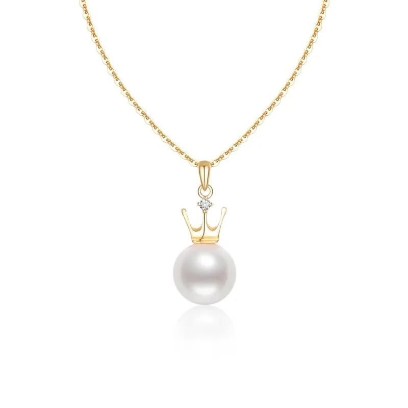 18k Natural Freshwater 8mm White Pearl Necklace Crown Pendant with Diamond