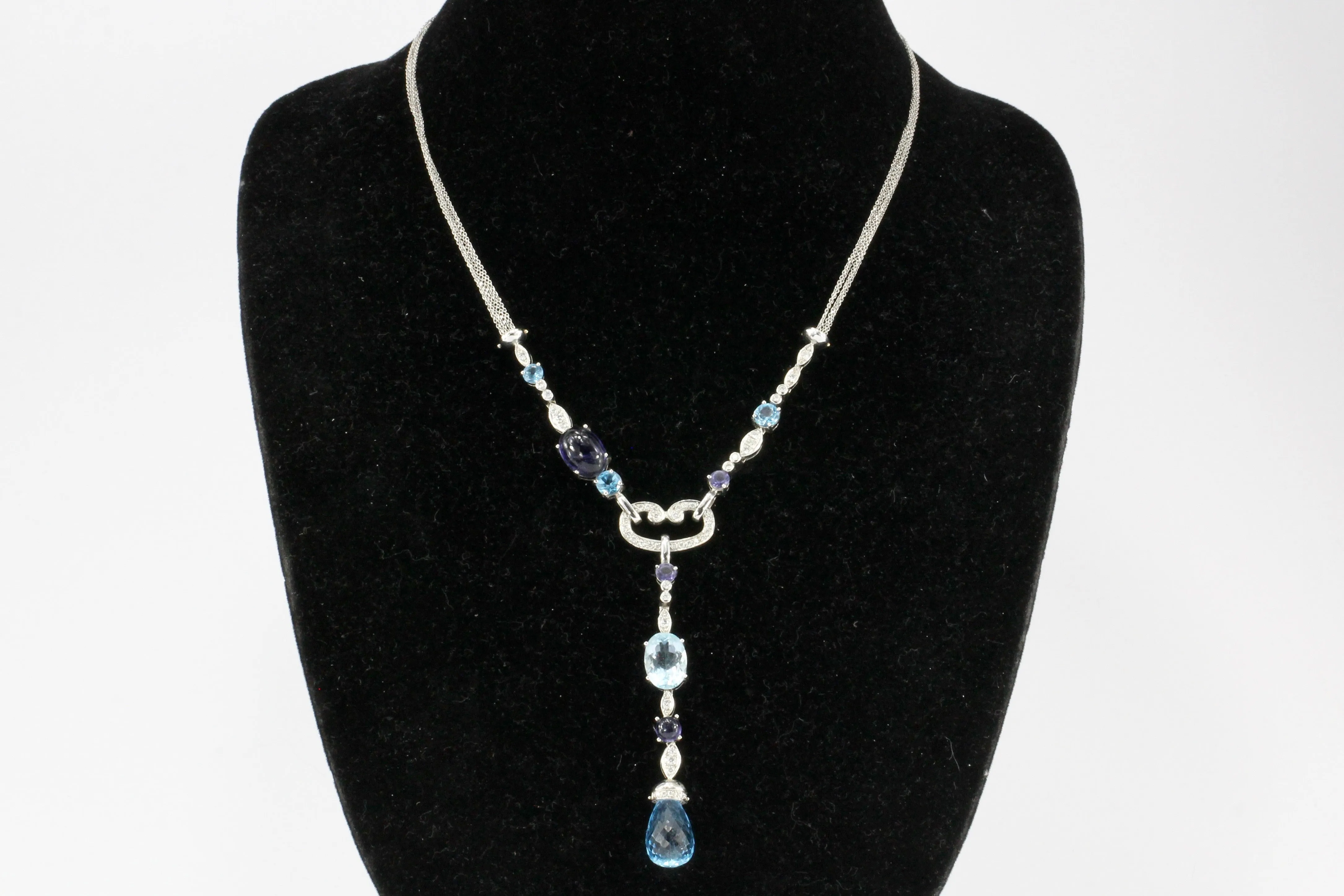 18K White Gold Blue Topaz, Tanzanite & Diamond Necklace