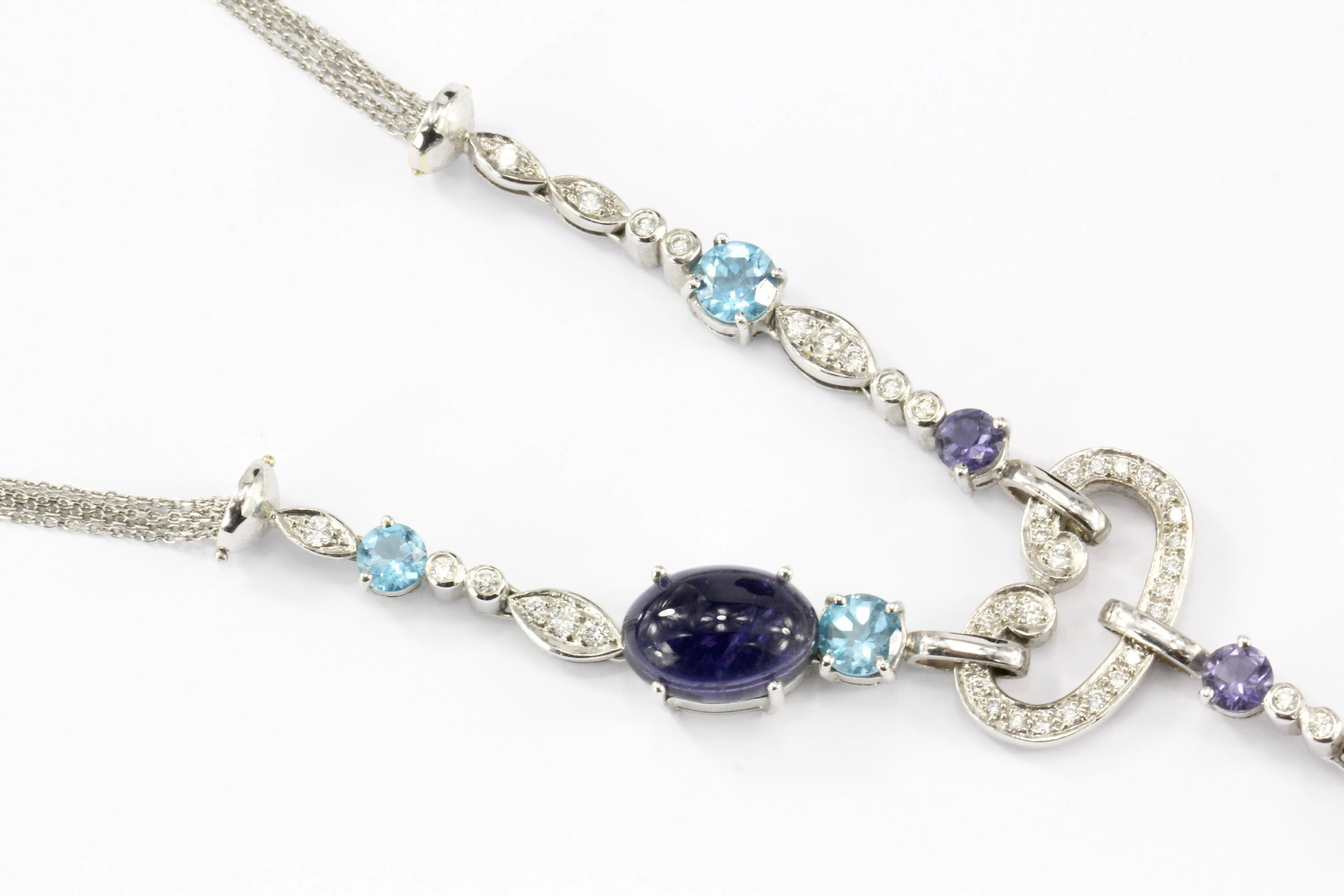 18K White Gold Blue Topaz, Tanzanite & Diamond Necklace