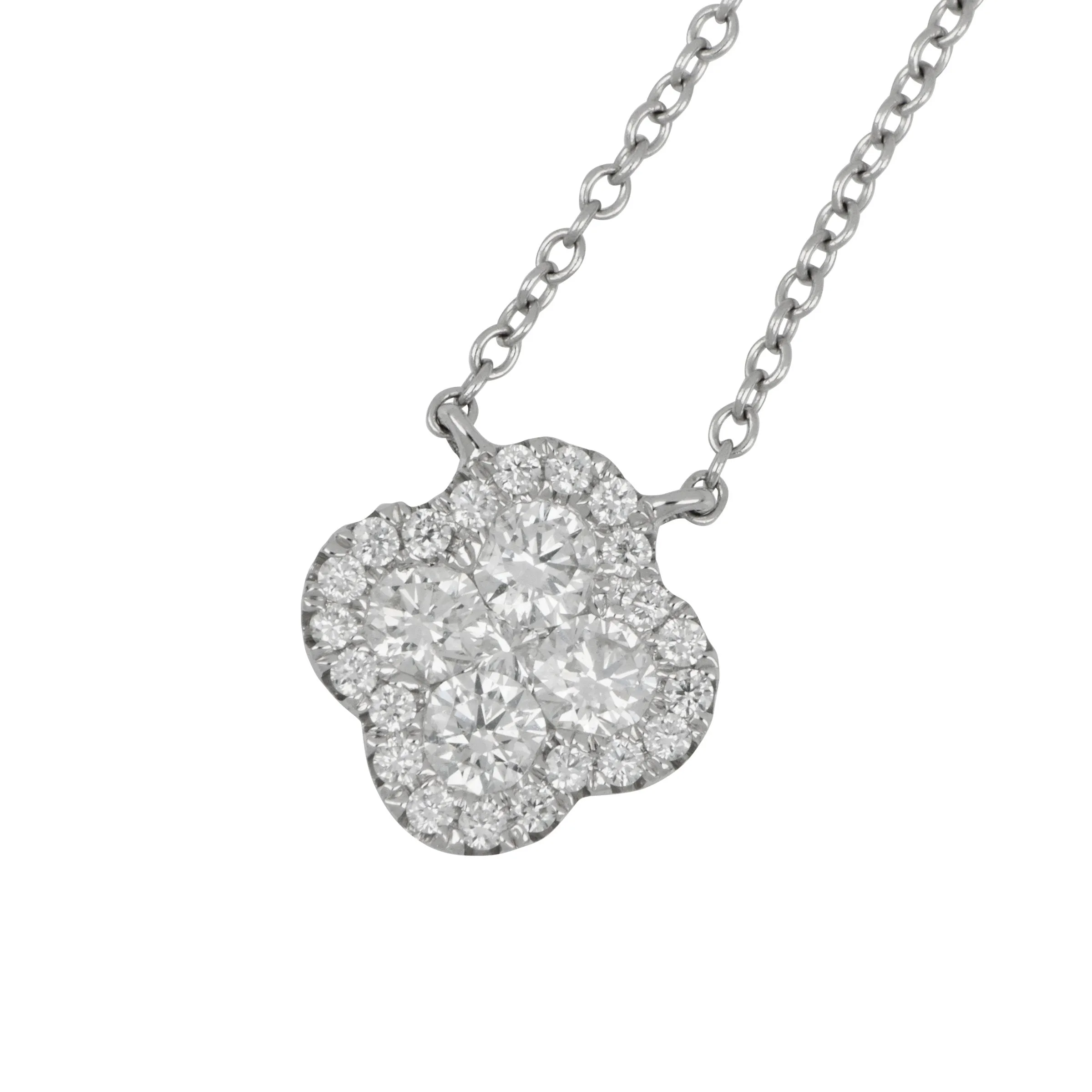 18k White Gold Small Clover Diamond Necklace 16-17", D=0.60tw