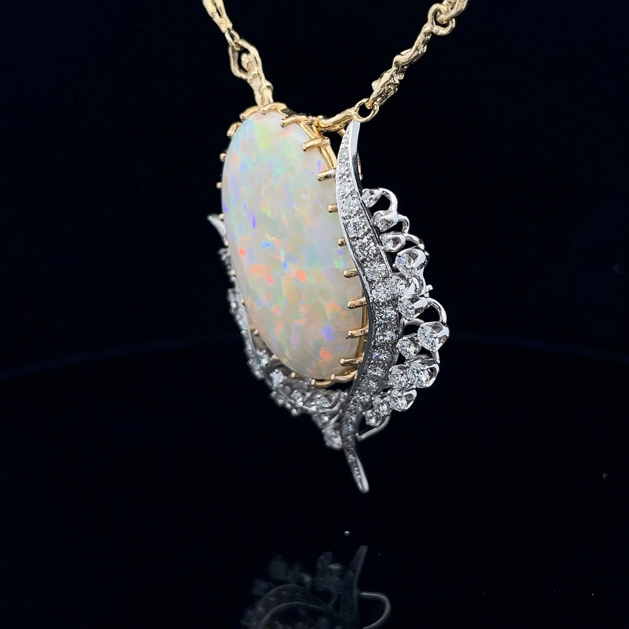 18K YELLOW GOLD AND PLATINUM 27.28CT OPAL AND 3CT  F VS2 ROUND DIAMOND VINTAGE PIN/PENDANT FLOWER TULIP CERTIFIED BY GIA #5234226978