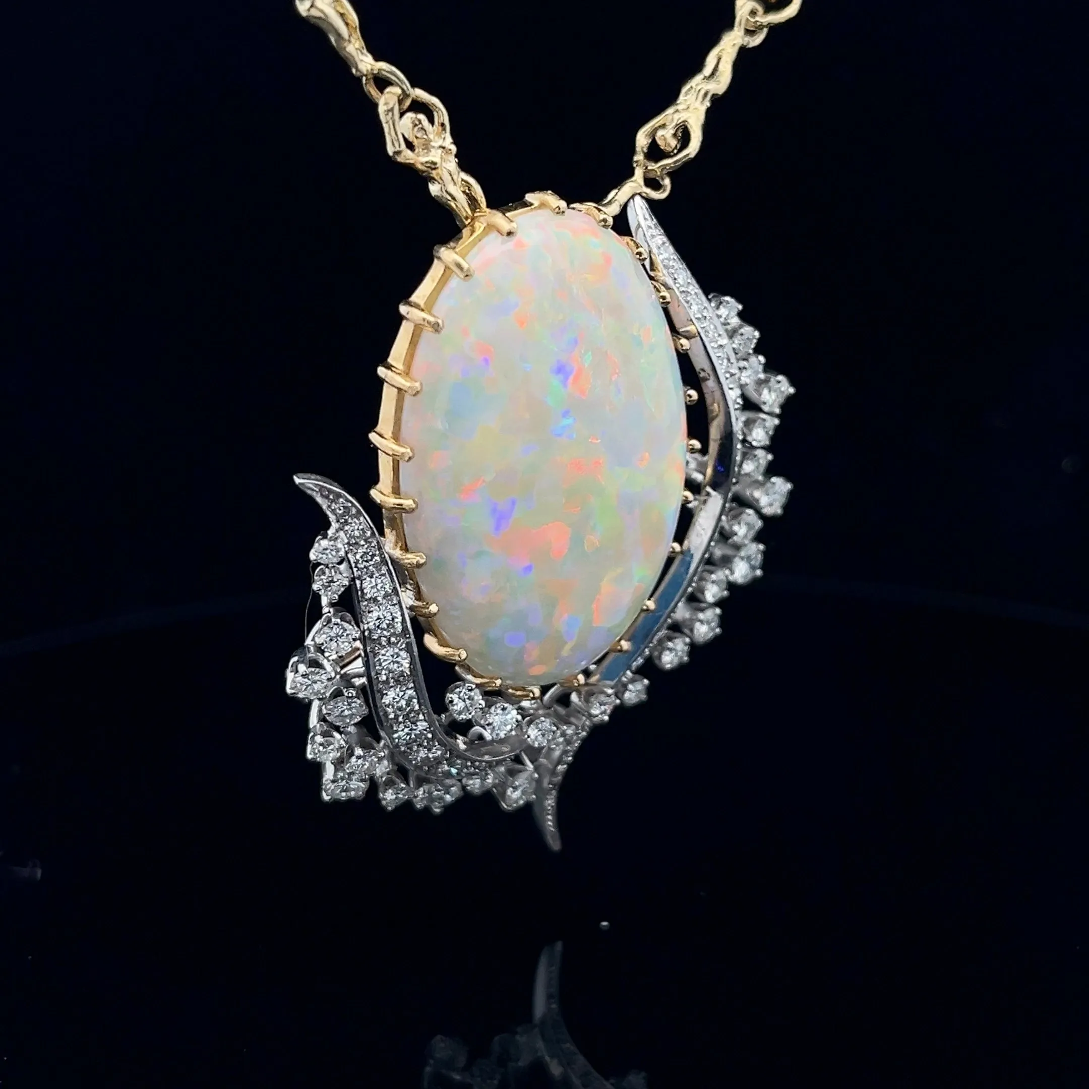 18K YELLOW GOLD AND PLATINUM 27.28CT OPAL AND 3CT  F VS2 ROUND DIAMOND VINTAGE PIN/PENDANT FLOWER TULIP CERTIFIED BY GIA #5234226978