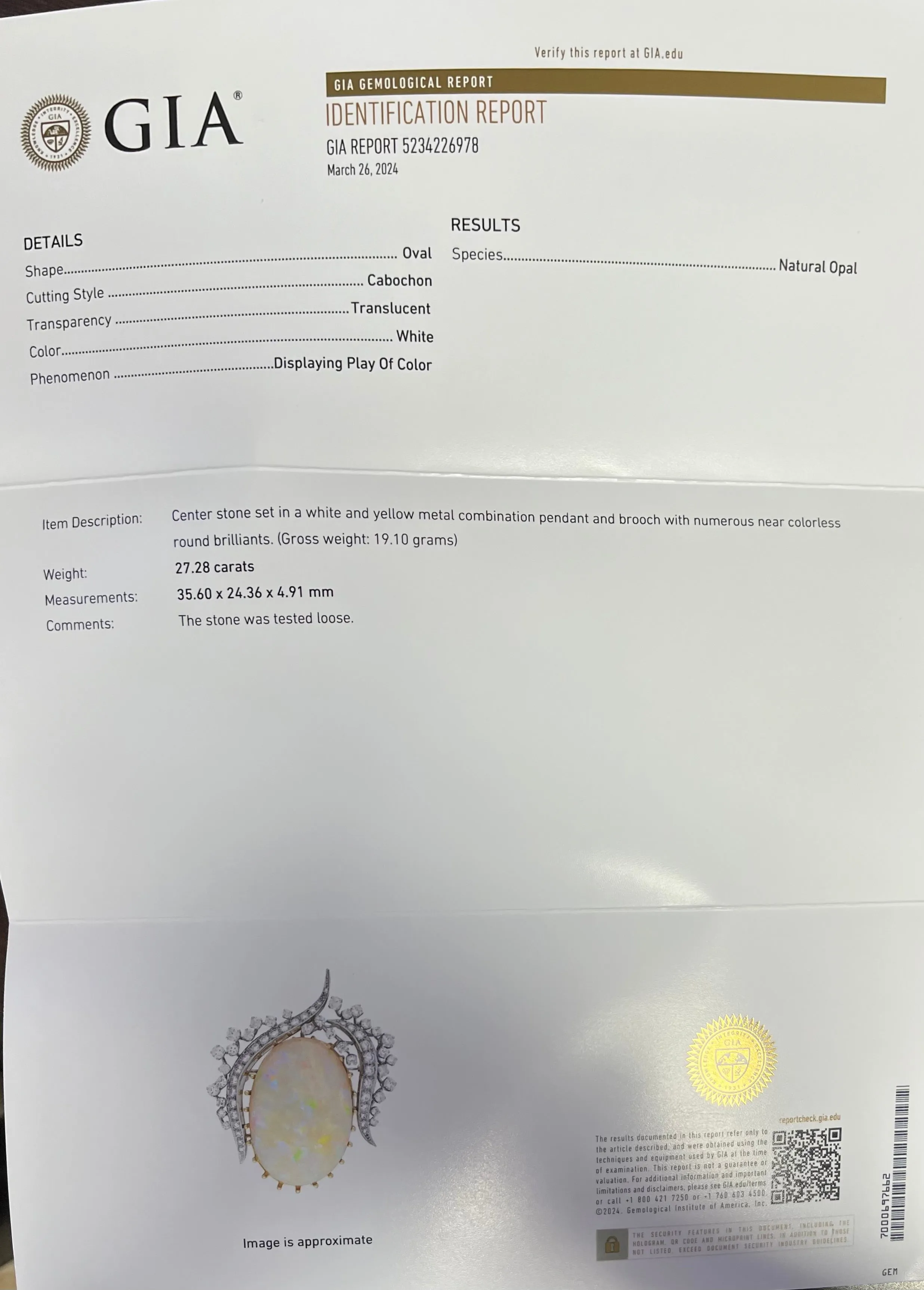 18K YELLOW GOLD AND PLATINUM 27.28CT OPAL AND 3CT  F VS2 ROUND DIAMOND VINTAGE PIN/PENDANT FLOWER TULIP CERTIFIED BY GIA #5234226978